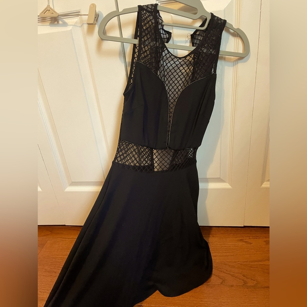 Bebe xs sleeveless unique transparent net cutout flare dress